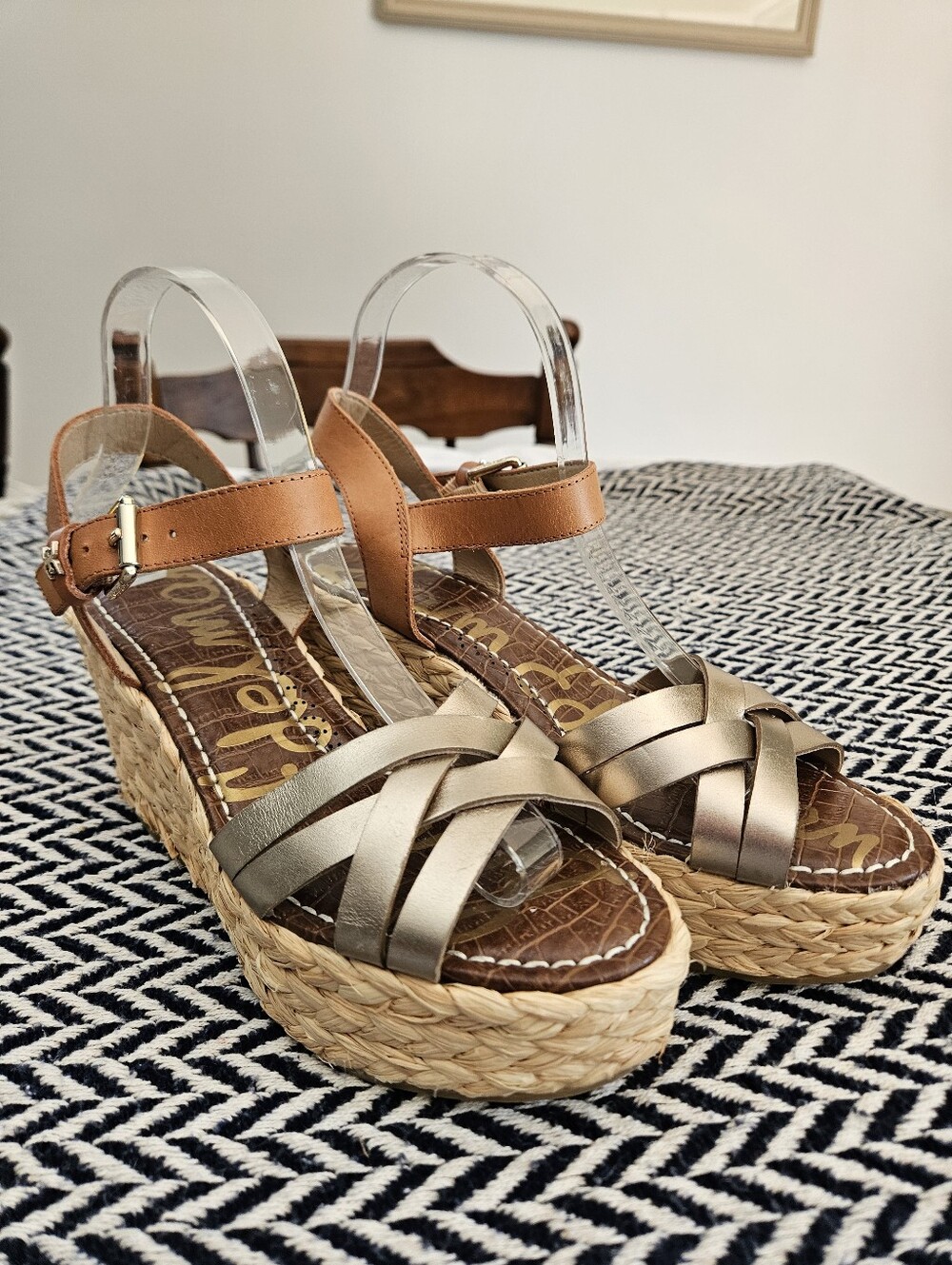 Like-New Sam Edelman Metallic Crossed Strap Espadrilles Woven Hemp Heels: Size 8